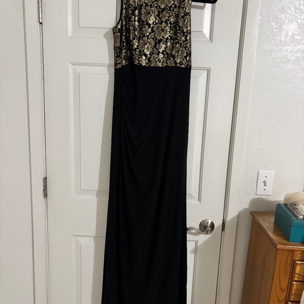 Long black and gold embellished dress